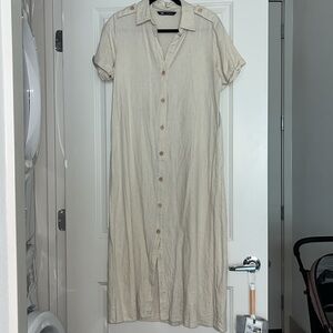 Zara Shortsleeve Button Down Midi Shirt Dress Linen Blend Ecru Sz M